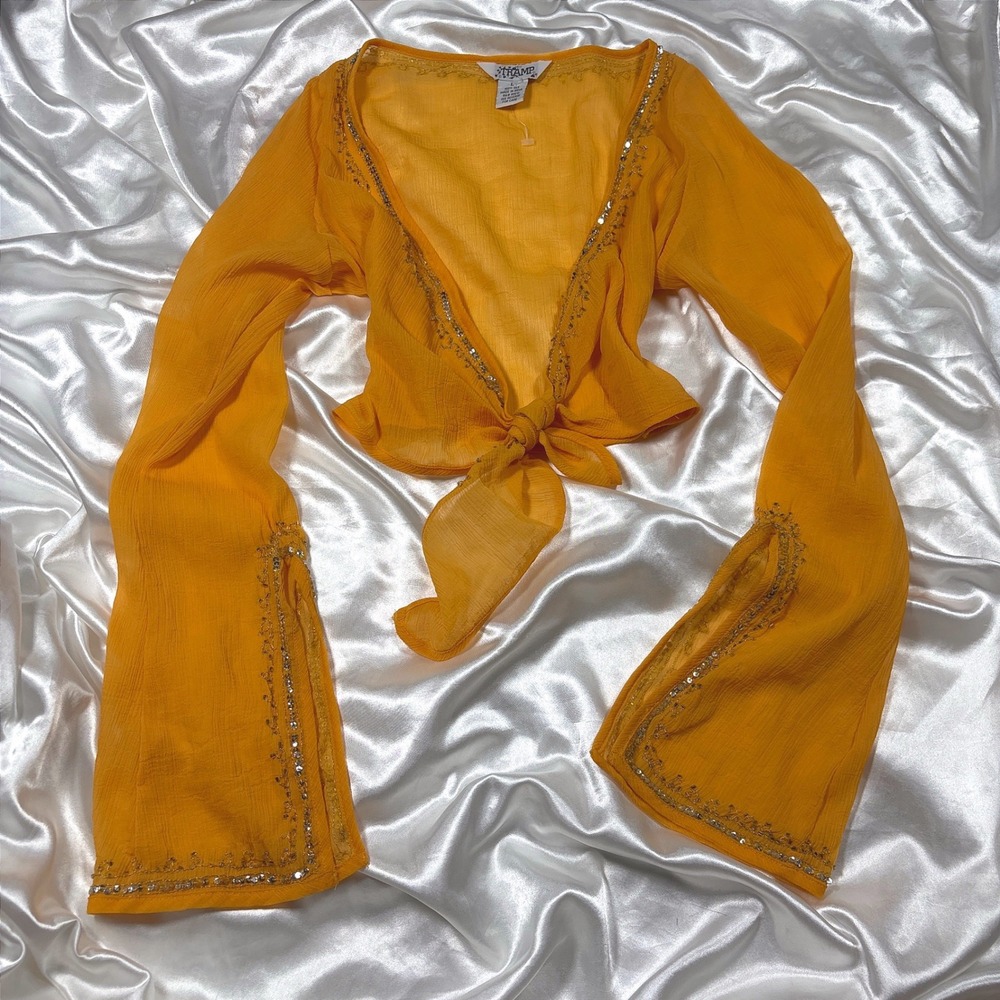 y2k Tramp Silk Tie Front Top Orange Excellent Sequin Embroidered Bell Sleeve L